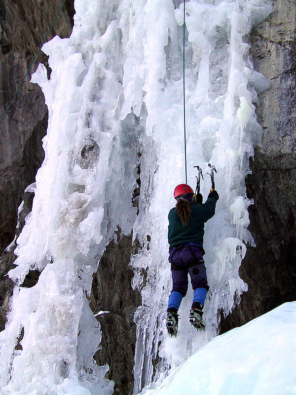 Lincoln Falls 2002: Ellen Climbing the Curtain 02