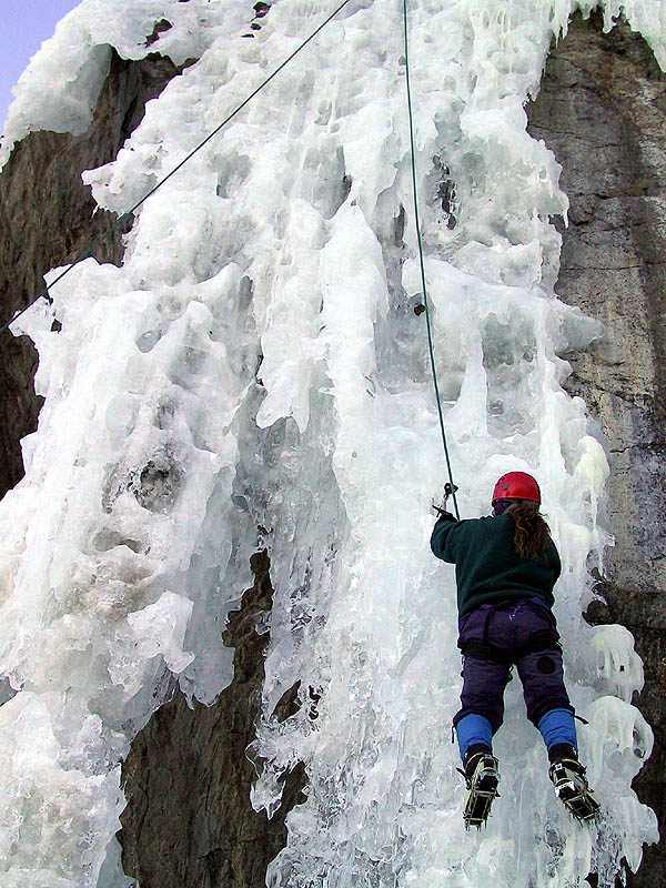 Lincoln Falls 2002: Ellen Climbing the Curtain 04